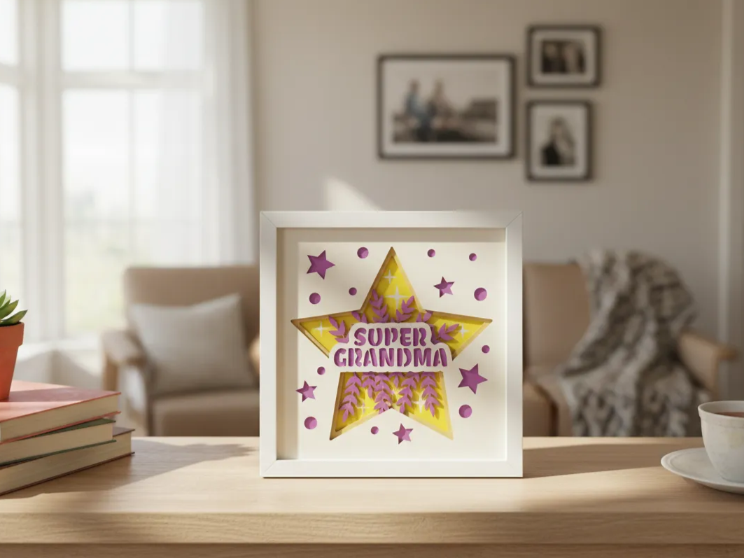 Framed layered Super Grandma star wall art with purple flowers