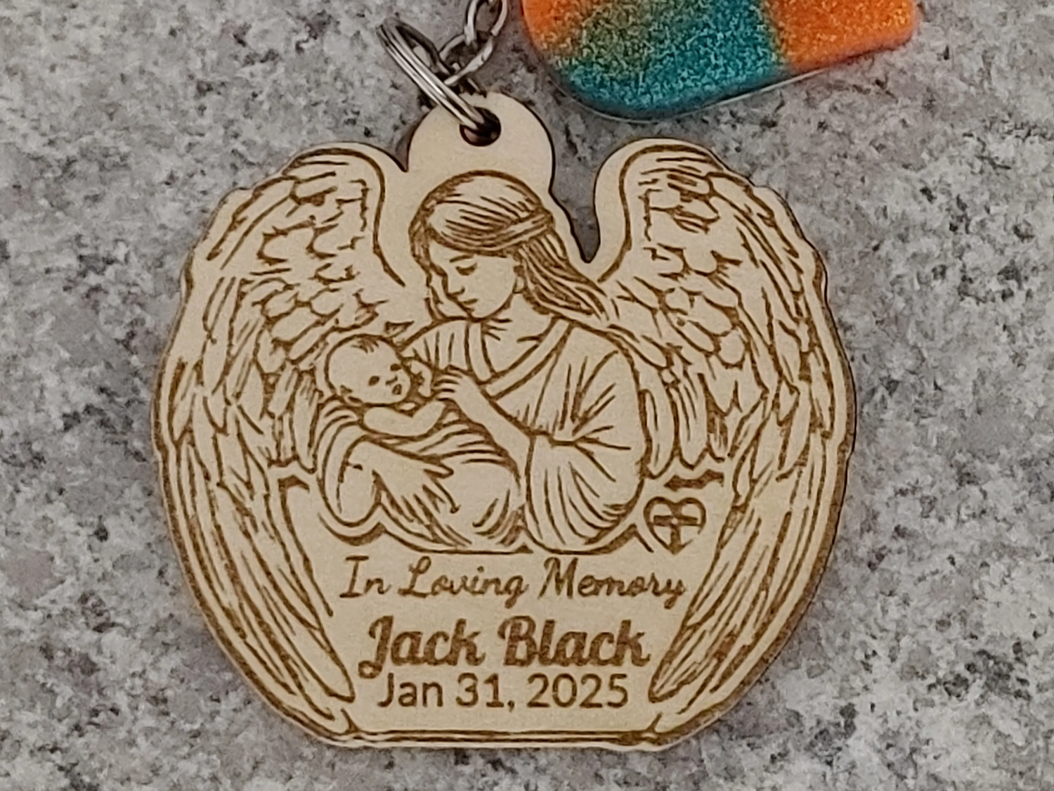 "In Loving Memory" Keychain, Angel Holding a Baby memorial sympathy gift design