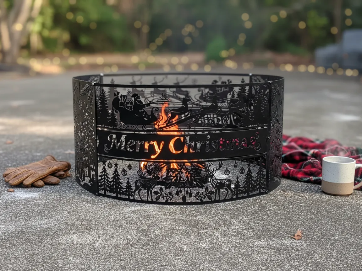 Laser cut Merry Christmas fire pit ring with holiday scene outdoor decor