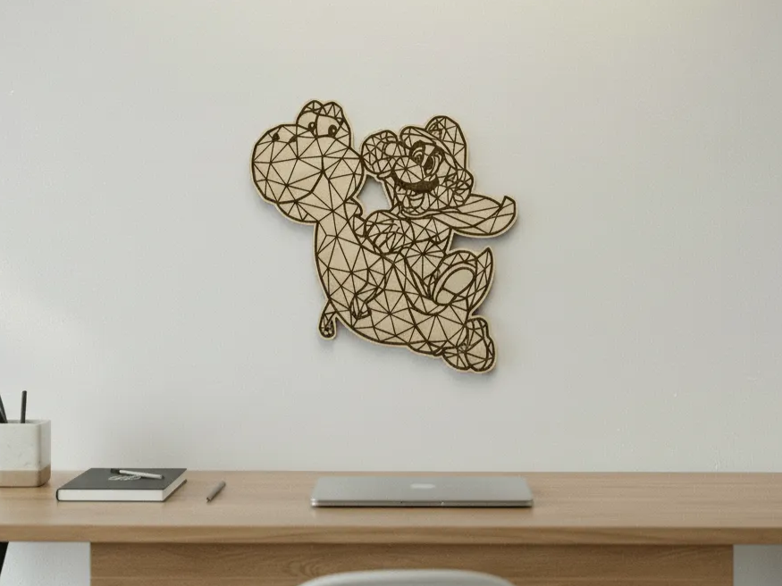 Mario & Yoshi Geometric Wood Wall Art – Low Poly Laser Cut Decor – Video Game Nursery Room