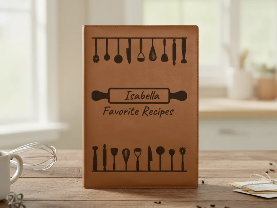 Personalized Leather Recipe Book Cover with Kitchen Utensils Design christmas gift for mom design