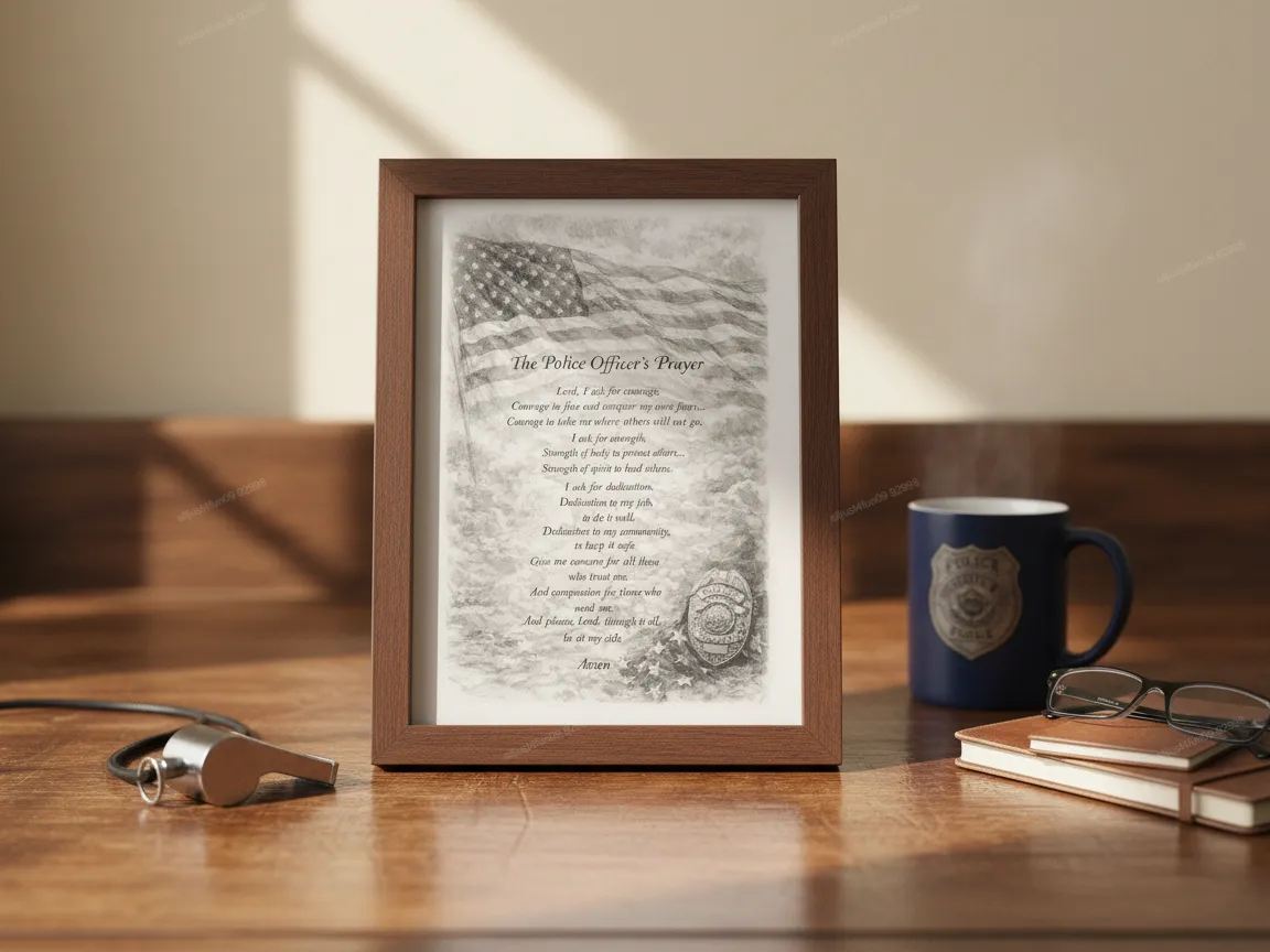 Framed Police Officer's Prayer with American Flag and Badge Artwork white canvas — free American flag wall art project file on Atomm
