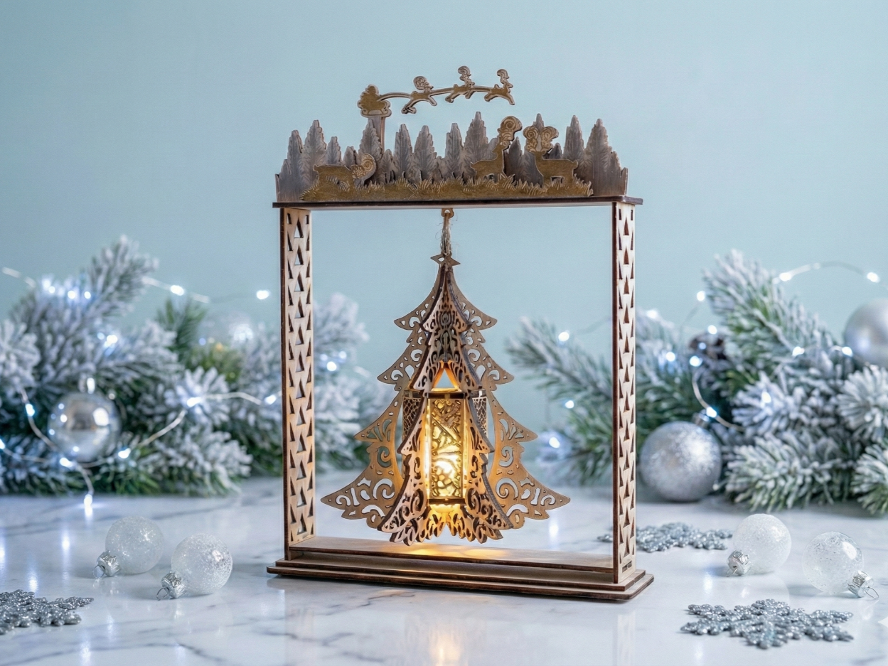 Lasergeschnittene Weihnachtsbaum-Laterne aus Holz mit Santa- und Rentier-Deko Weihnachts-Geschenkkorb-Idee
