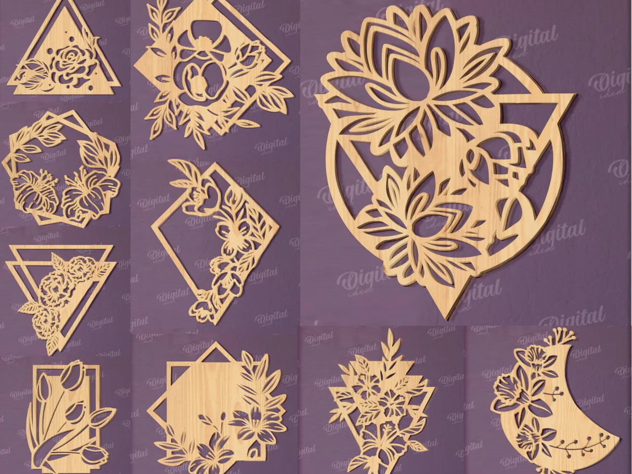 Set d'enseignes murales florales découpées au laser. Décoration murale florale en bois. Enseigne florale laser. Suspension murale boho pour la maison. 10 modèles — idée de création florale