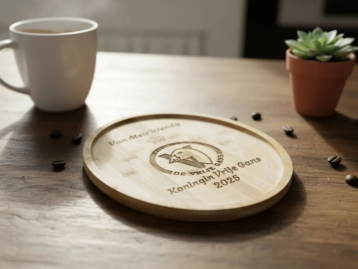 Dessous de verre en bois rond gravé d'un emblème d'oie personnalisé et d'une inscription de l'année
