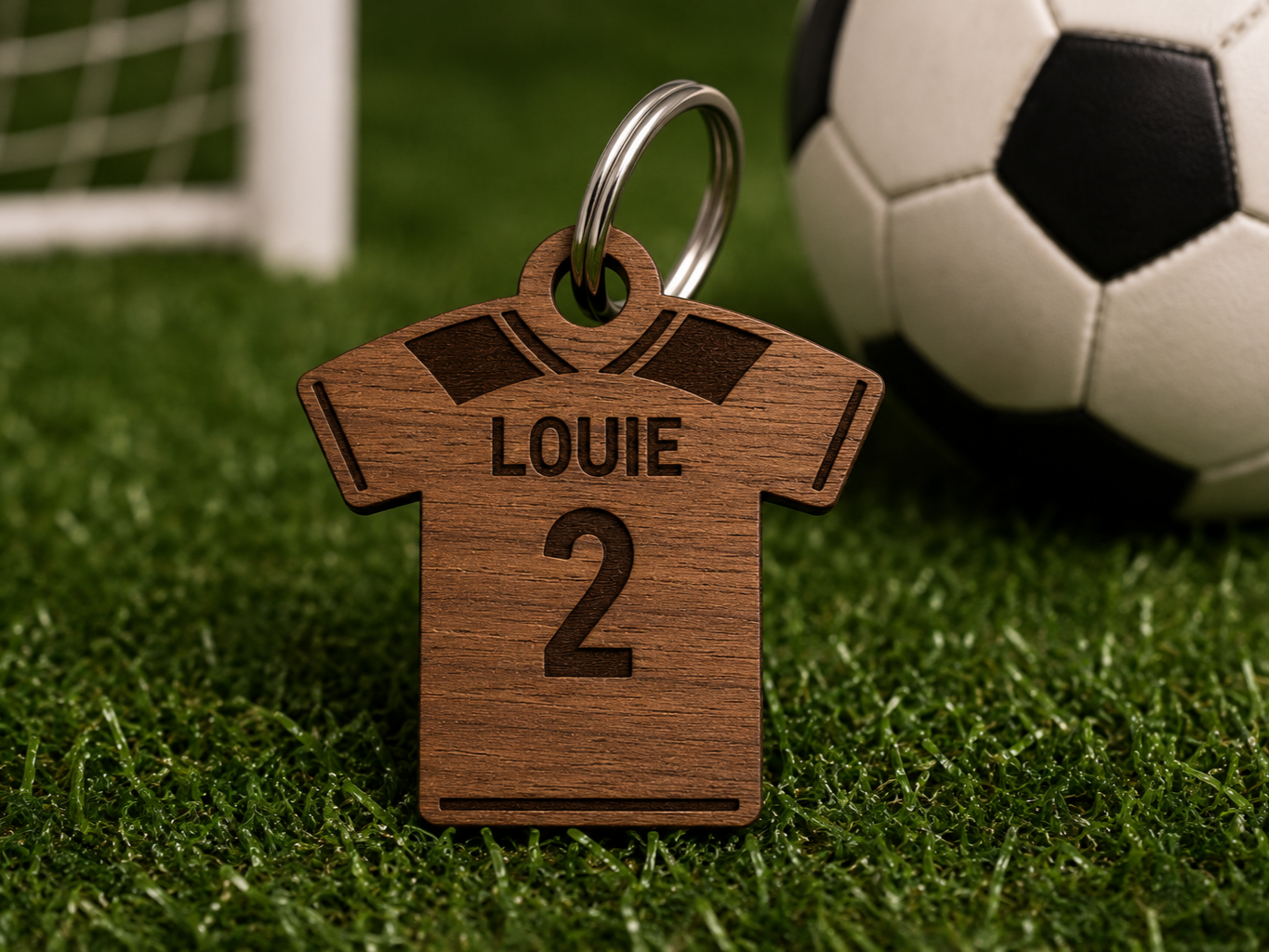 Personalized soccer jersey keychain with name and number design