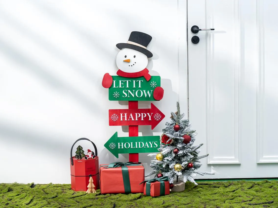 Snowman road sign style laser cut Christmas yard decoration