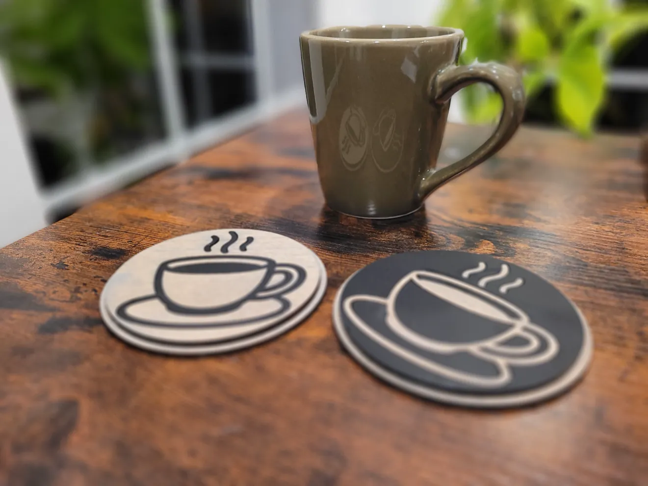 Modern coffee coaster combining wood and acrylic layers