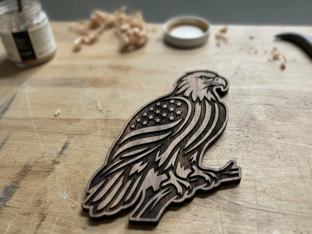 Laser Engraved Wooden Eagle with American Flag Design — free American flag wall art project file on Atomm