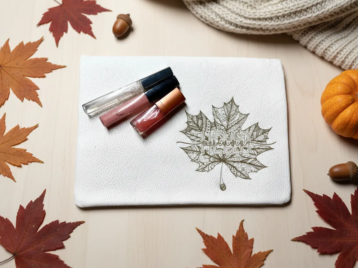 Гравированная белая кожаная косметичка «Autumn Hello» — полностью настраиваемая