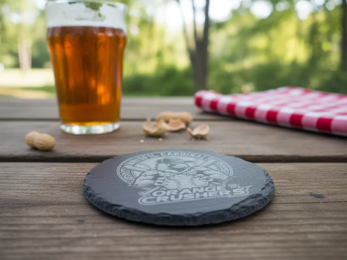 Slate drink coaster with an orange team logo design
