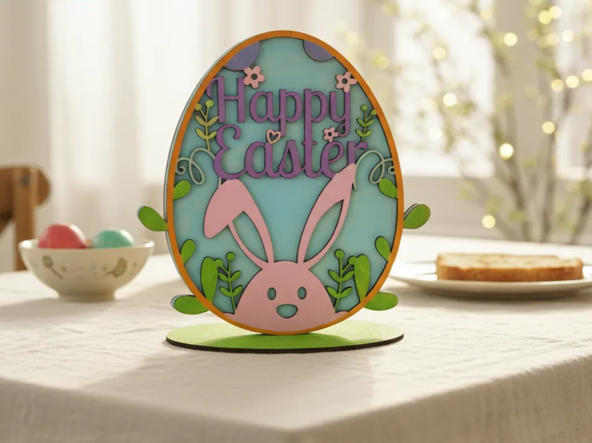 Laser cut happy Easter bunny and egg table decoration free Easter SVG