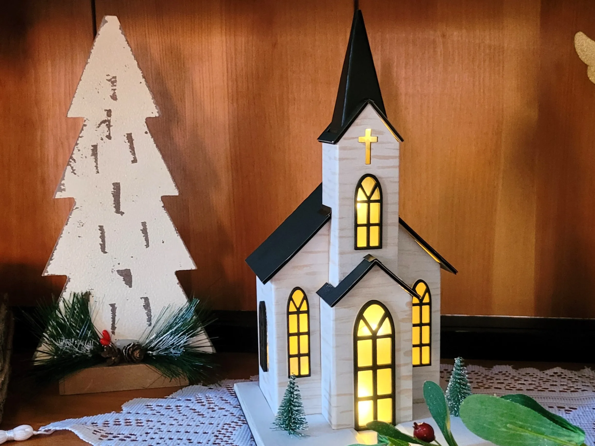 Church with Illuminated Windows light up Christmas tree ornament idea