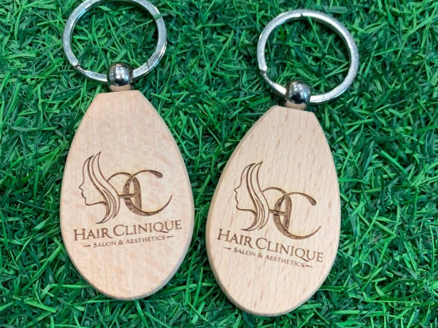 Hair Clinique Salon and Aesthetics Branded Wooden Keychain custom logo keychain idea