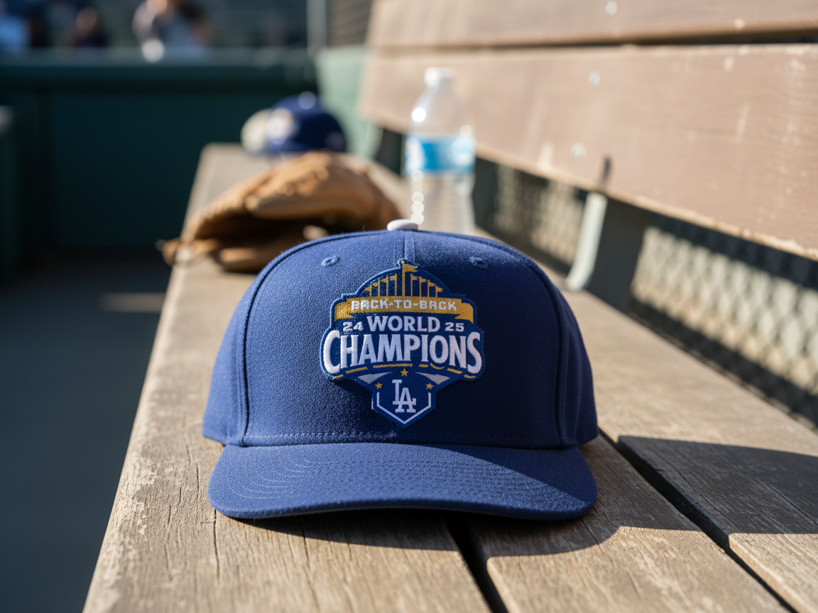 Blue baseball cap with embroidered championship text
