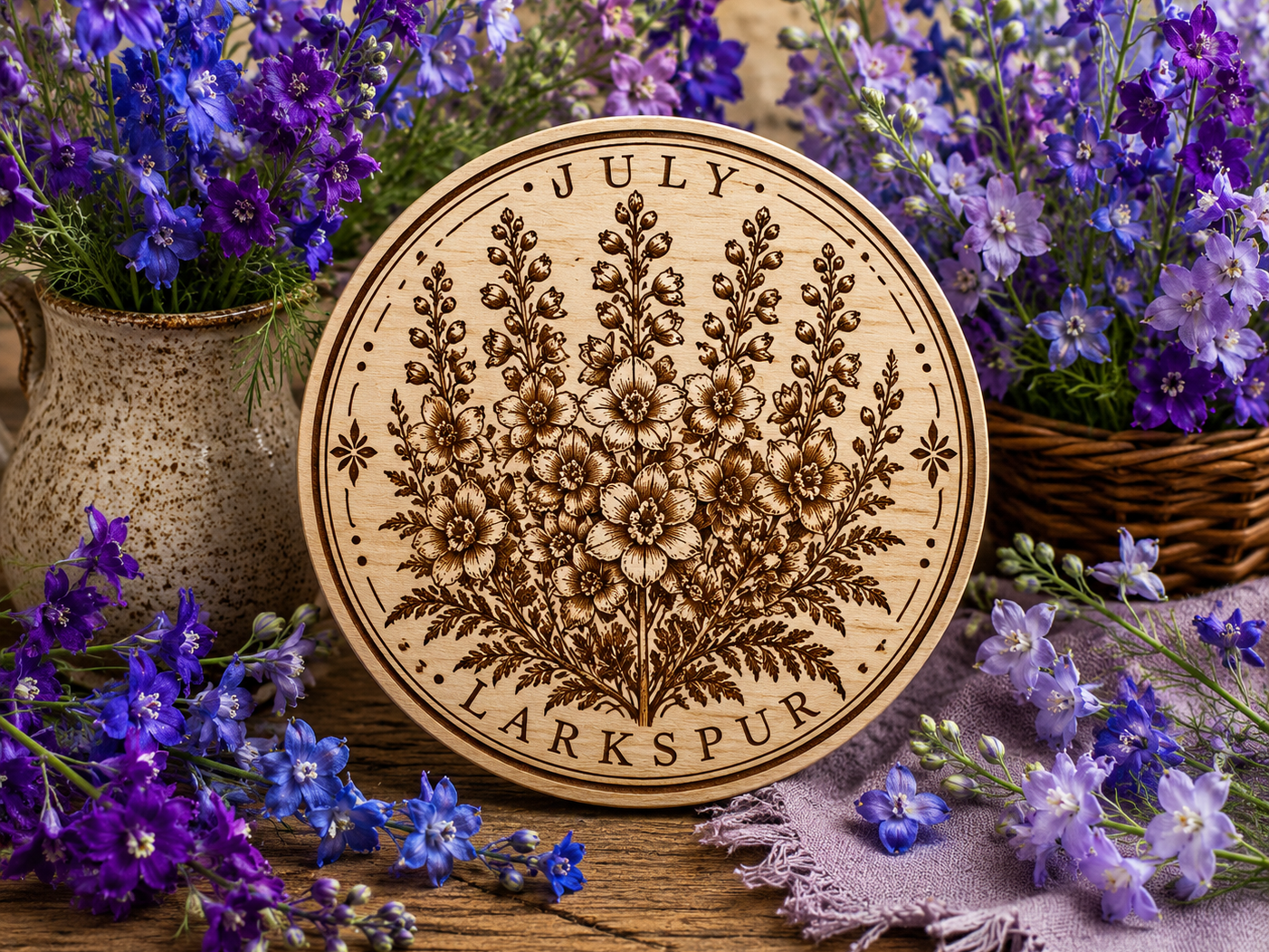Laser cut coaster featuring July's birth flower, the larkspur