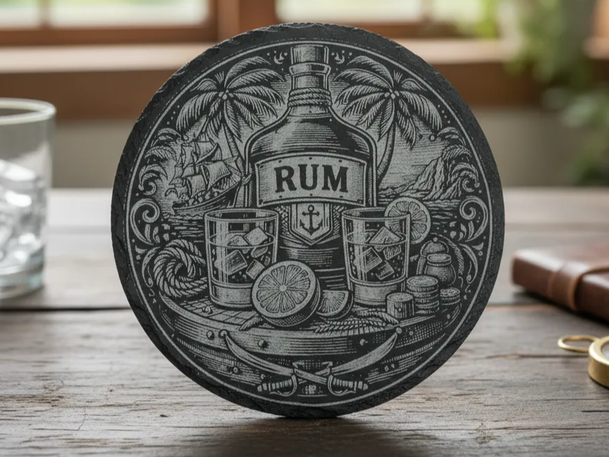 Runder Schiefer-Untersetzer mit maritimer Gravur im Rum-Design