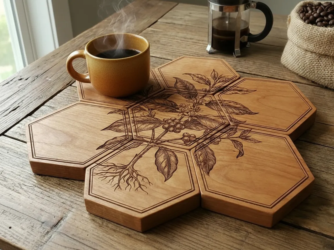 Coffee Plant Hexagonal Coaster Set laser cut design on a table