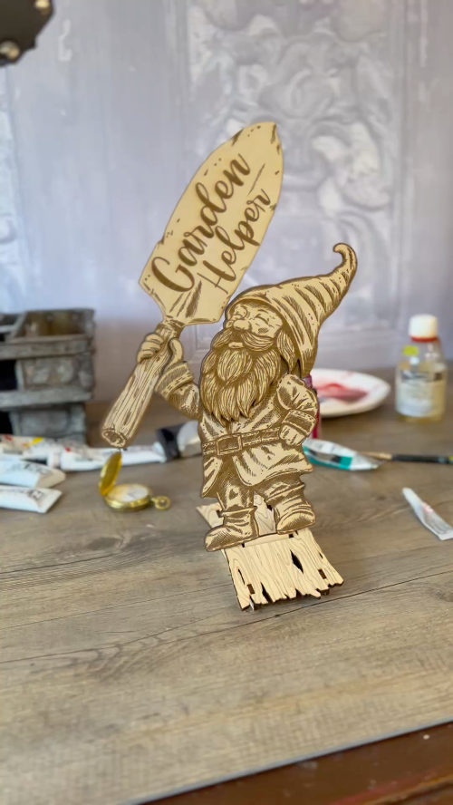 [Laser cut and engrave] Whimsical Garden Gnome Decoration with 'Garden Helper' Sign