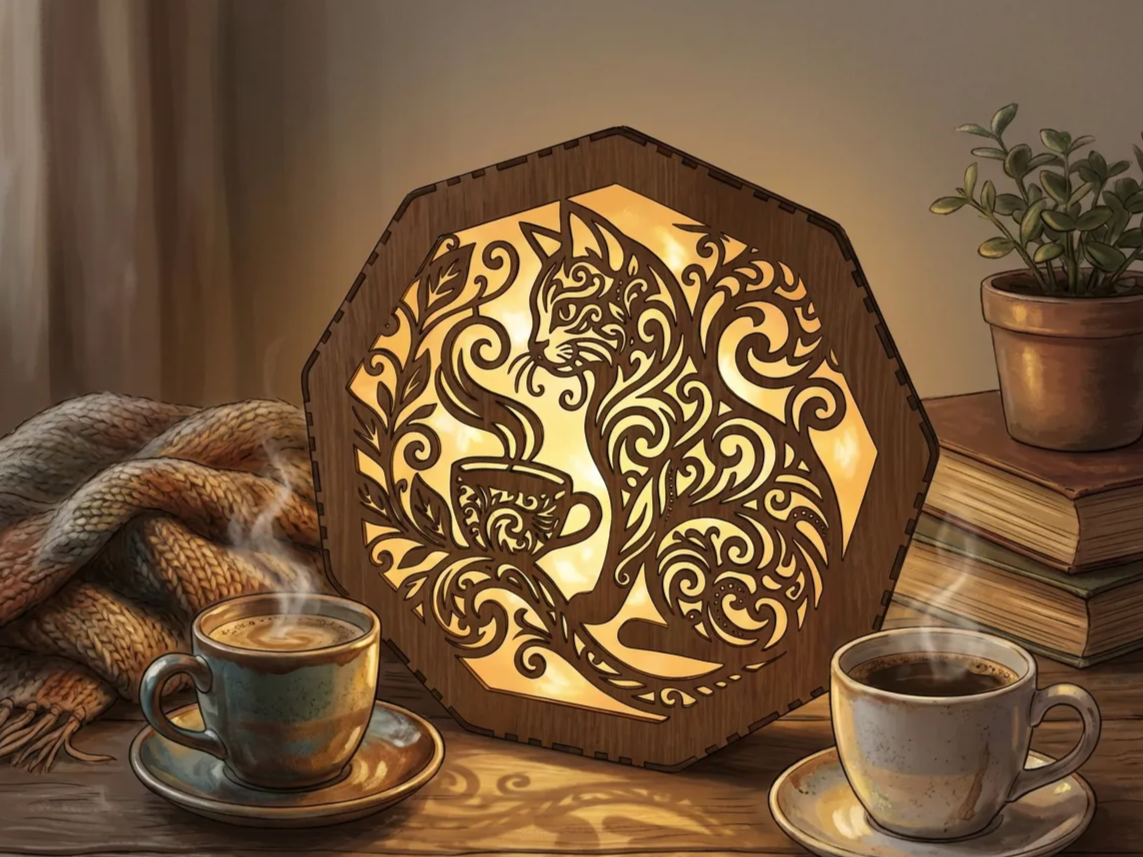 Cat Coffee Cup Wooden Light Panel