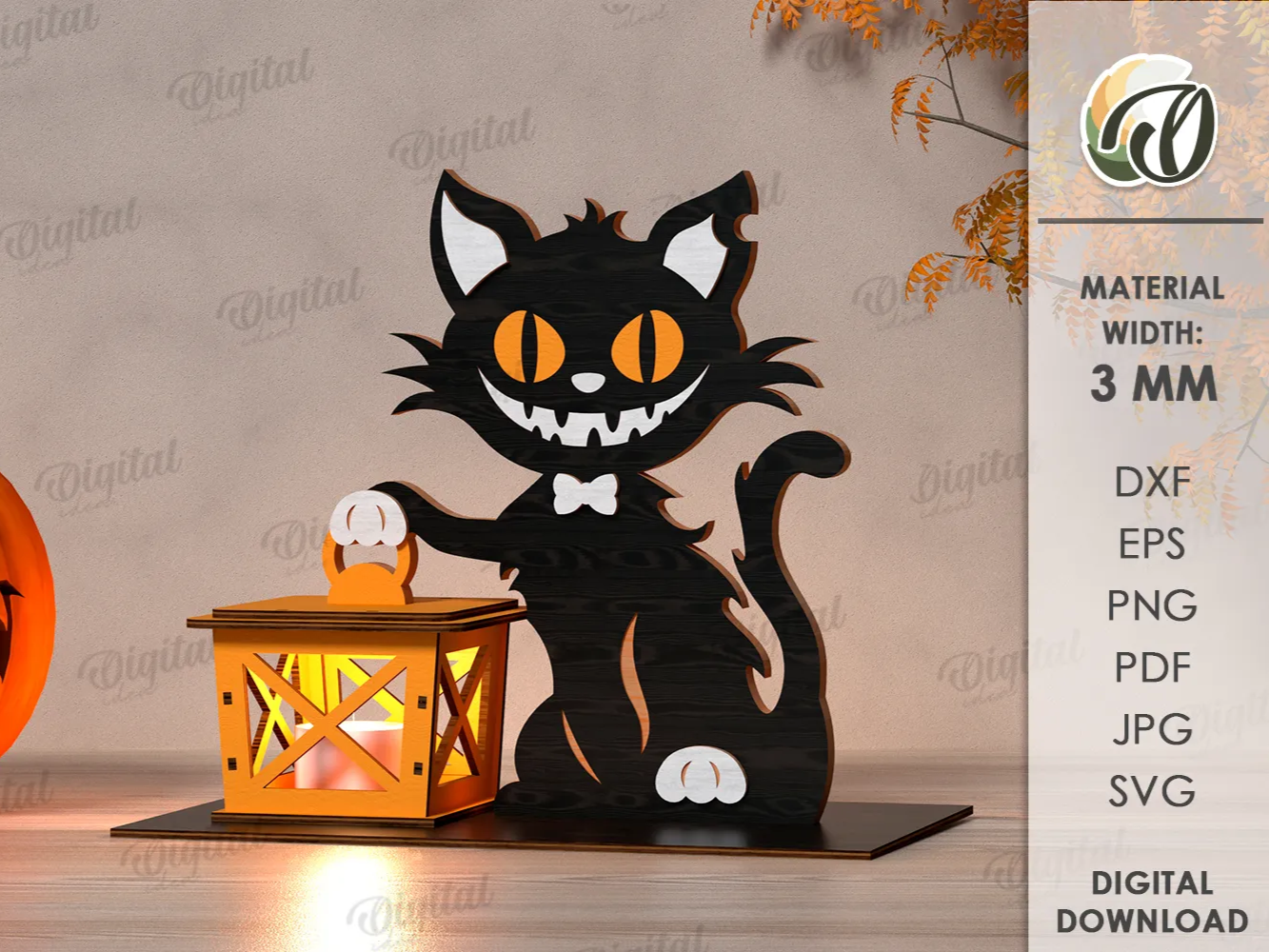 Lanterne de nuit Halloween 3D avec chat noir, décoration d'Halloween pour extérieur découpée au laser