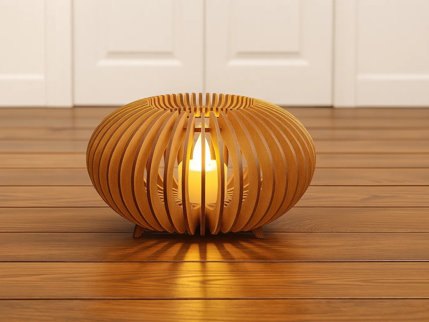 Wooden Tealight Lantern Candle Holder laser cut design on a table