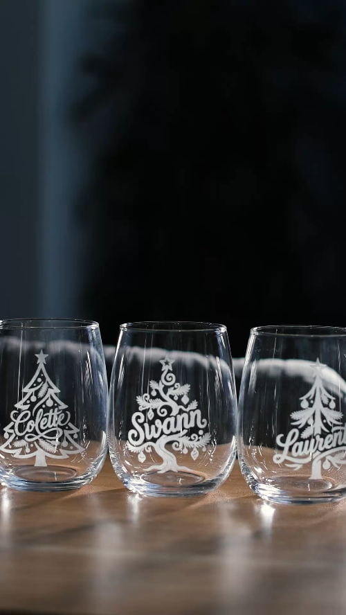 [Laser cut and engrave] Set of 14 Laser Engraved Glasses with Custom Christmas Tree Designs