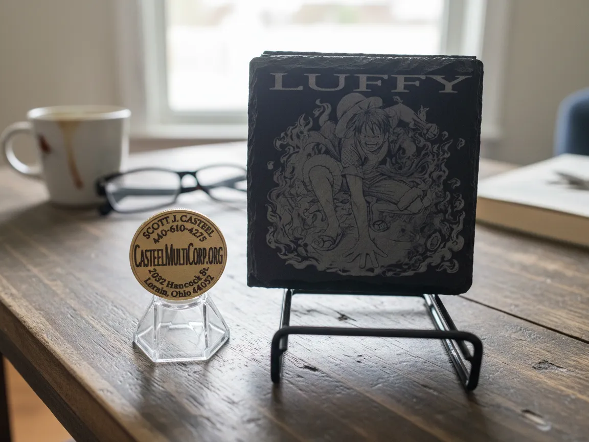 Black square slate coaster engraved with Luffy surrounded by flames gift idea
