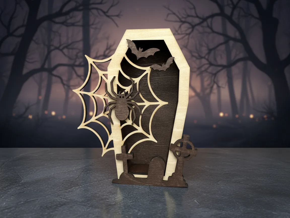 Cercueil Halloween en bois avec toile d'araignée et cimetière, décoration d'Halloween pour extérieur découpée au laser