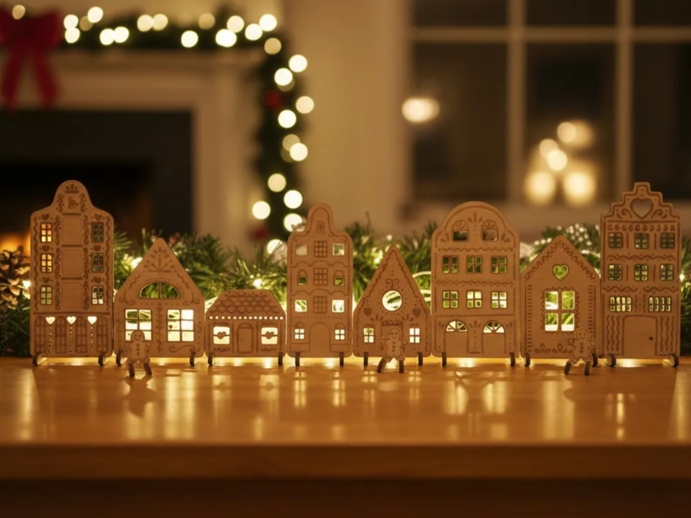 Gingerbread village with glowing windows backlit Christmas window decoration
