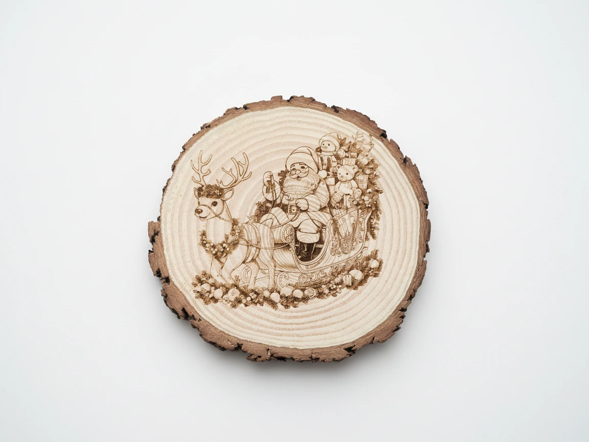 Natural wood slice engraved with Santa Claus and reindeer