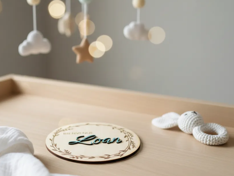 Targa in legno con nome e ghirlanda decorativa, design di targa casa tagliata al laser