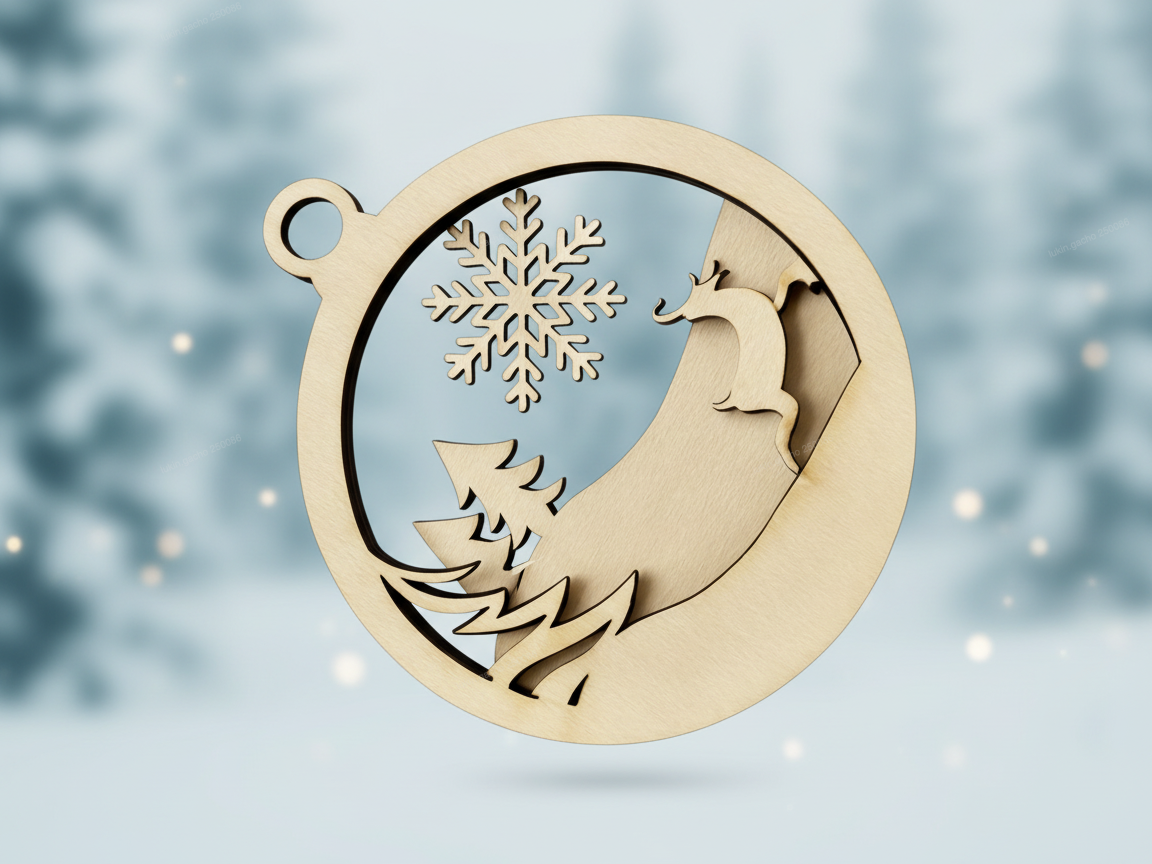 Layered reindeer on slope and snowflake Christmas ornament for window