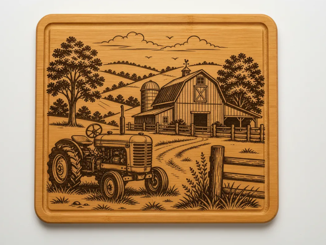 Farmhouse Tractor and Barn Scene cutting board design