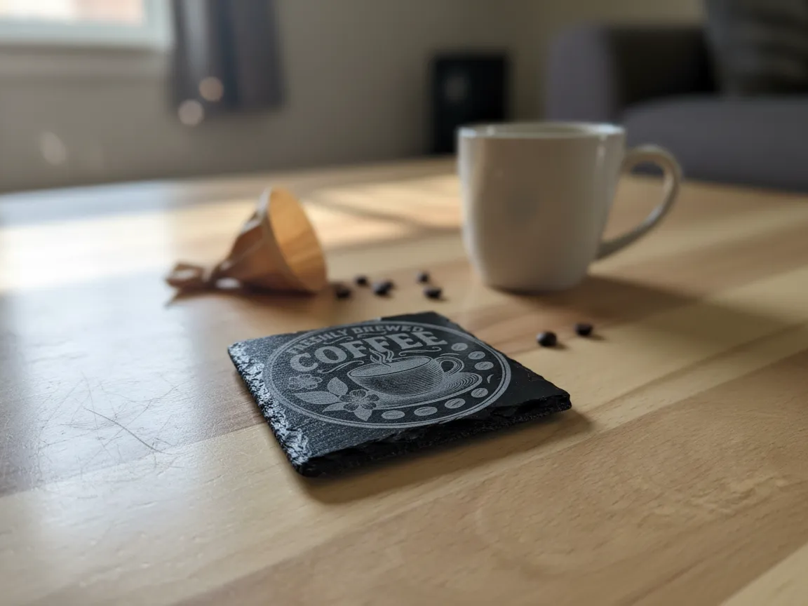 Coaster engraved with Freshly Brewed coffee design