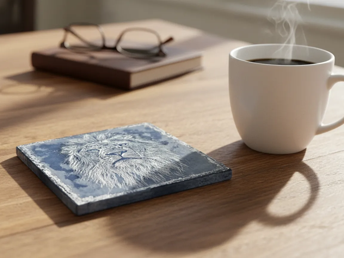 Sottobicchiere bianco quadrato con ritratto dettagliato di leone sublimation coasters idea