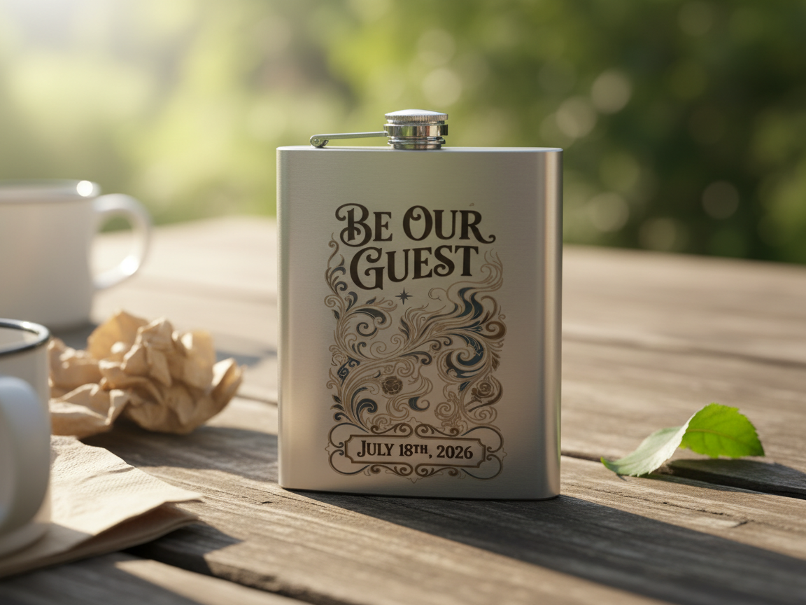 "Be Our Guest" Stainless Steel Flask with Floral Ornamentation wedding favor idea