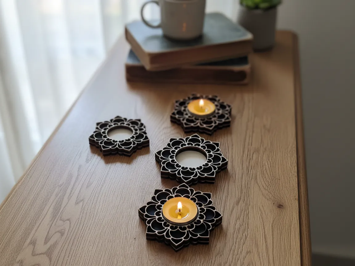 Floral Mandala Tea Light Candle Holders laser cut design on a table