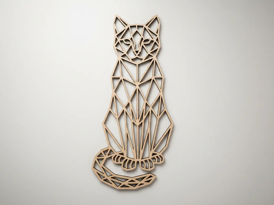 Chat Laser Cut Geometric Cat Wall Art in Natural Wood