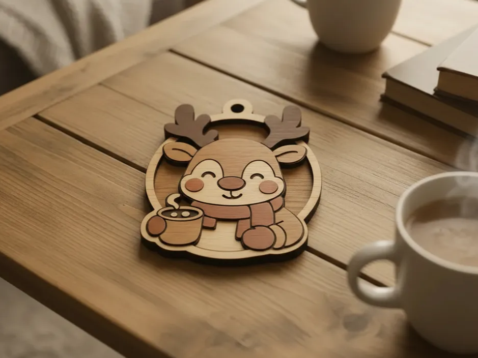 Lasergeschnittenes Rentier-Ornament aus Holz mit Kakao-Motiv Weihnachts-Geschenkkorb-Idee
