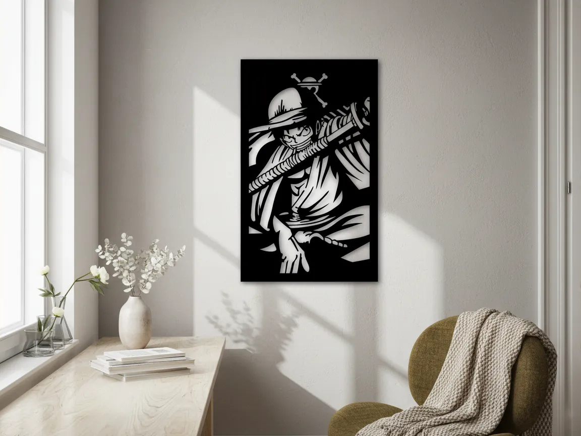 Black wood wall art panel of Luffy anime portrait One Piece gift idea