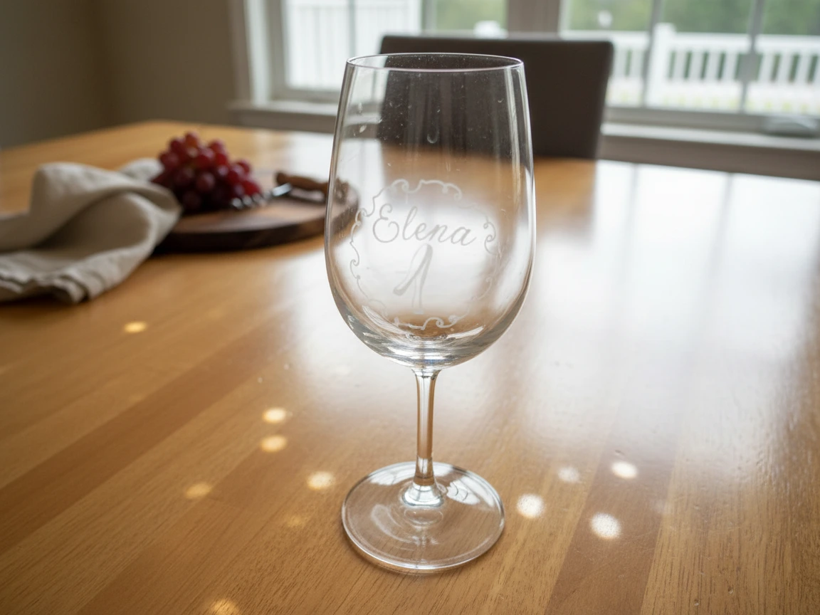 Gelas wine yang dipersonalisasi dengan etsa nama