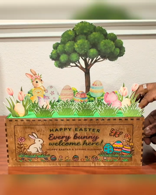 [Laser cut and engrave,Blade cut,Inkjet printing] 🌸 Spring Awakening Automaton: Multi-Axle Easter Scene with Dancing Eggs, Jumping Bunny & Fluttering Butterflies
