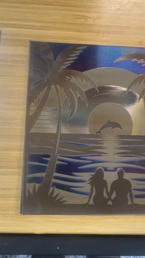 [Laser cut and engrave] Laser Cut Metal Wall Art Couple Watching Dolphin Sunset