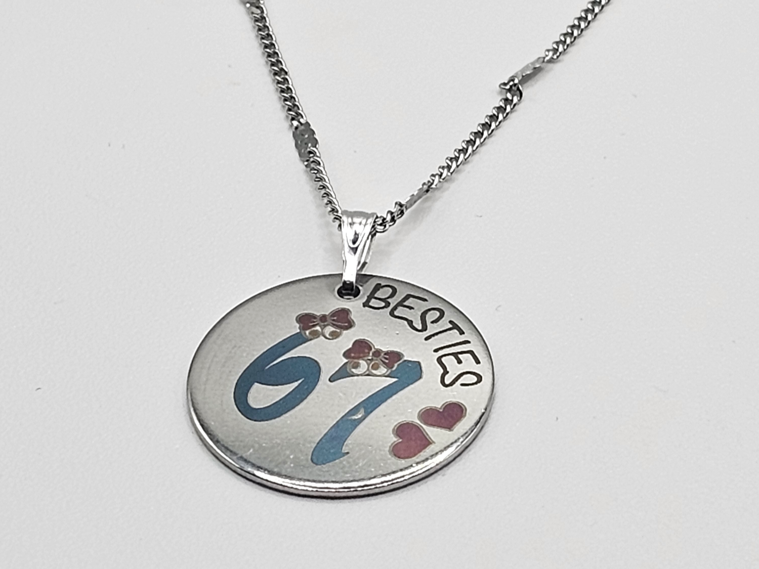 Engraved "67 Besties" Silver Pendant Necklace gift design