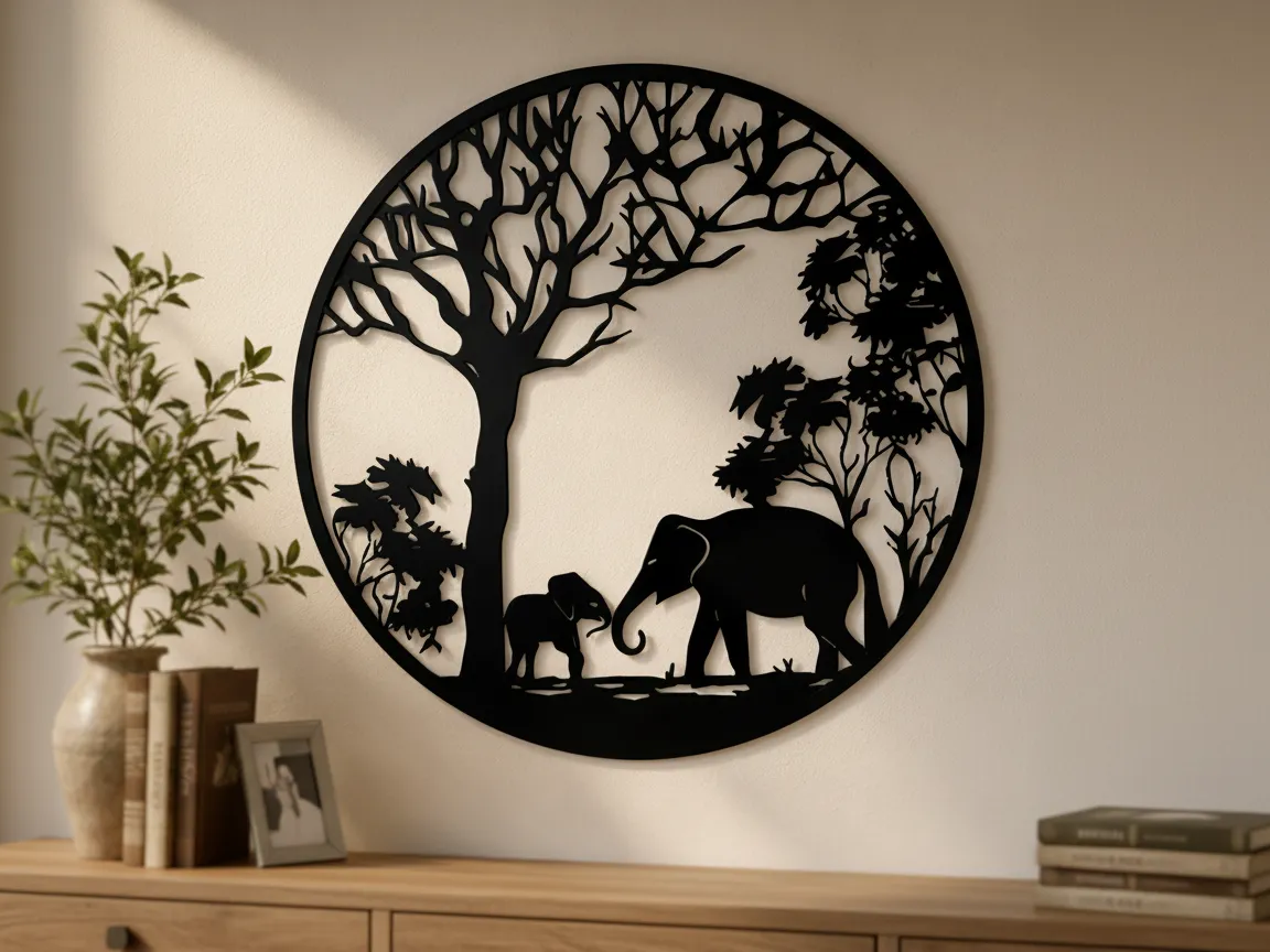 Elephant Family Safari Circle Scene metal wall art design