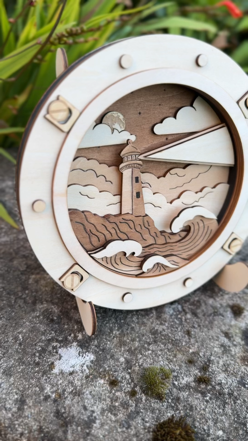 [Laser cut and engrave] 3D Multi-layered Lighthouse Porthole Nautical Tabletop Scene
