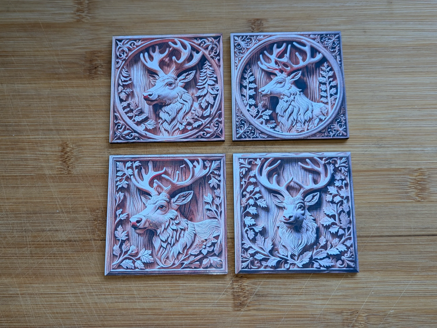 Square wooden coaster set with Rodulph reindeer-themed engraving