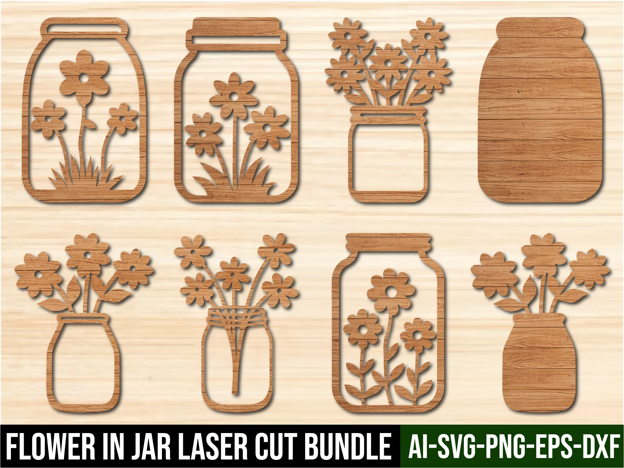 Set de décoration murale en bois découpée au laser, fleur dans un bocal — idée de création florale