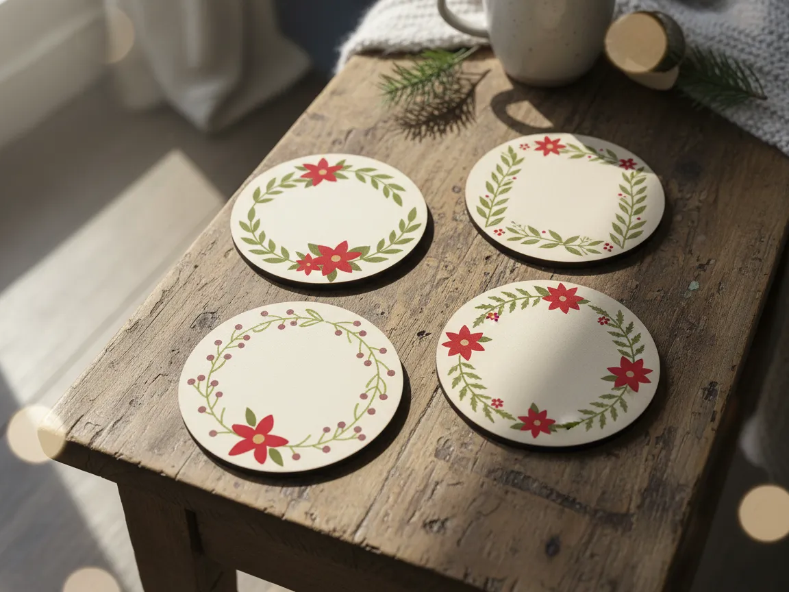 Set aus vier runden Holzuntersetzern mit lasergeschnittenen floralen Mustern